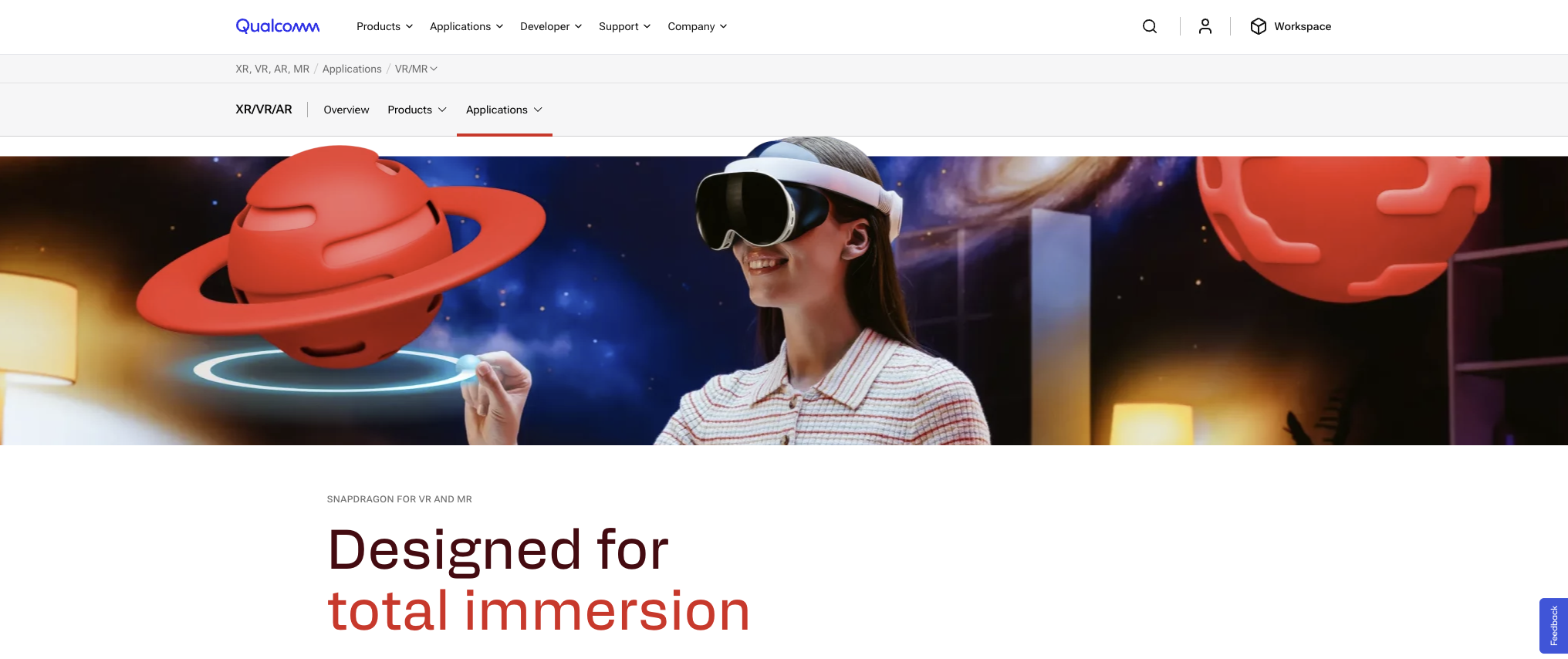 Qualcomm website Snapdragon VR and MR page showing final composited hero image from LED wall shoot — woman wearing XR headset interacting with 3D planet graphics in cosmic environment