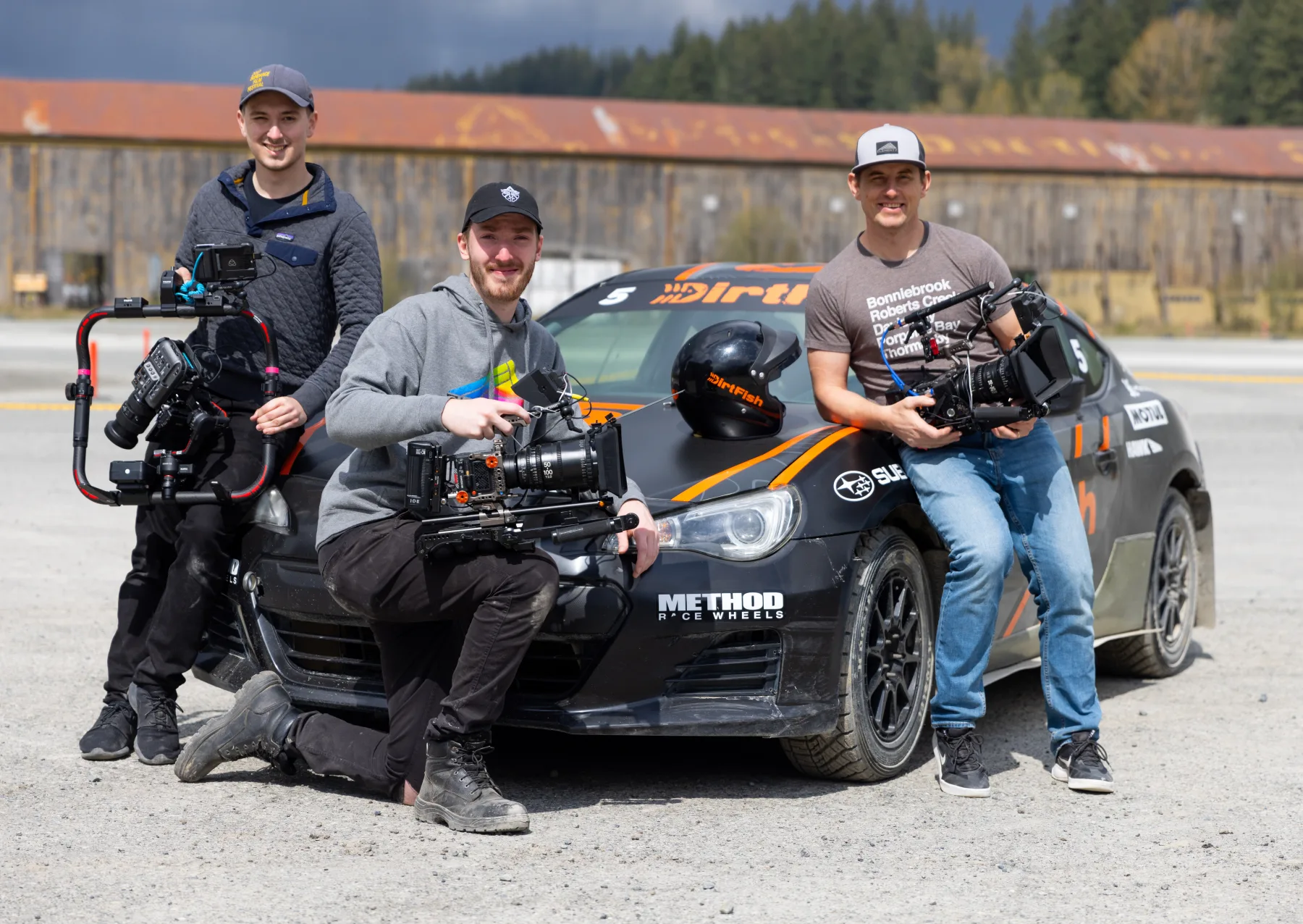 Element 7 Productions crew with cinema cameras on a race car location shoot