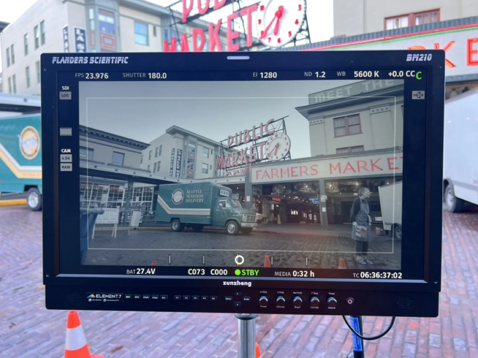 Flanders Scientific monitor showing Pike Place Market shoot — Element 7 branded