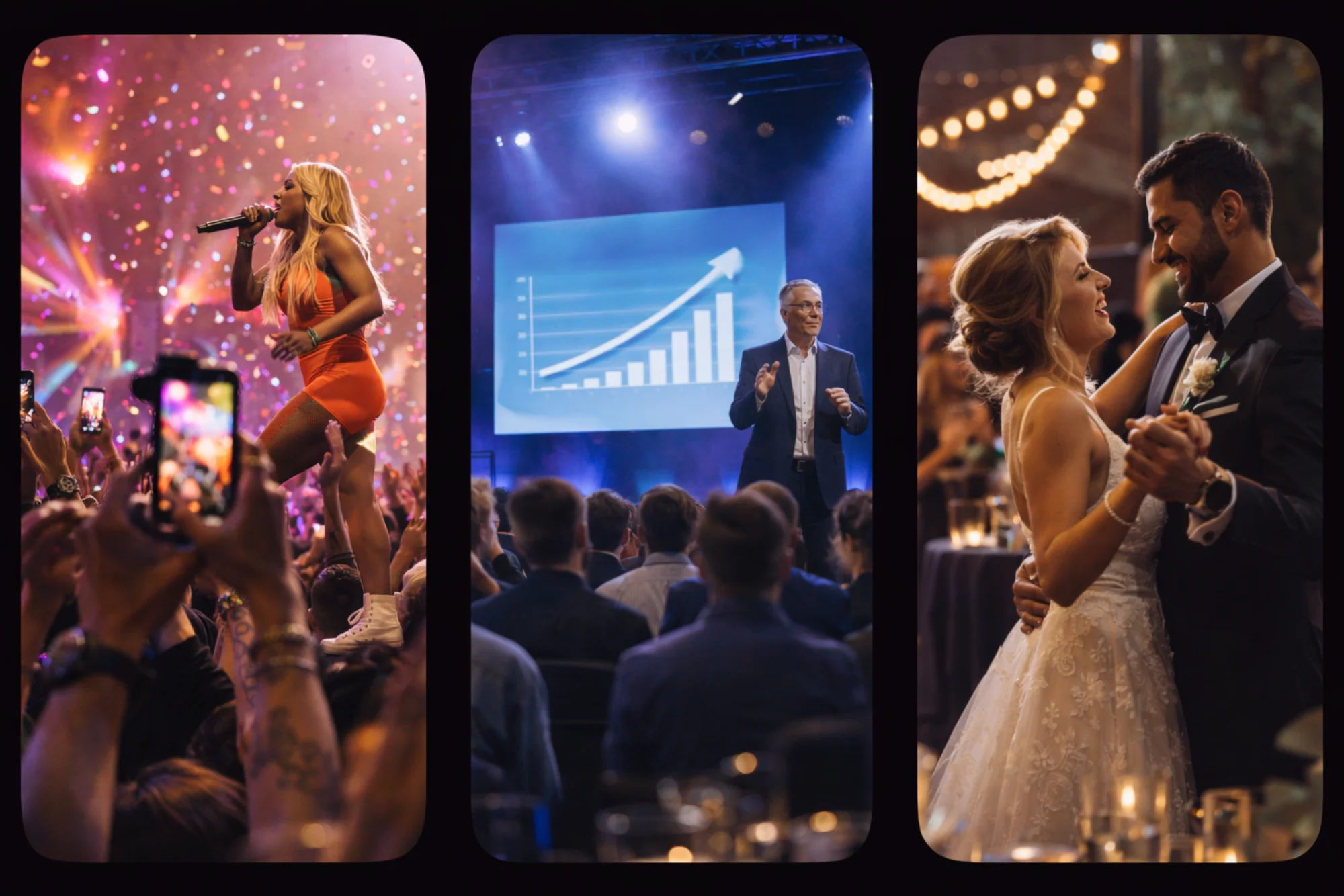 Live event coverage — concert, keynote, and gala moments