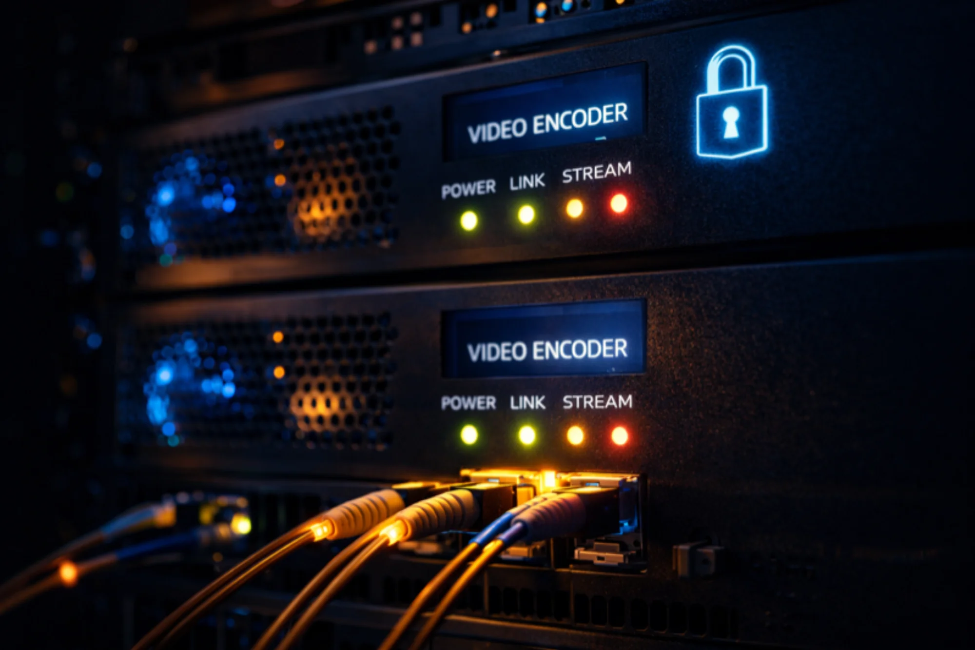 Video encoder rack with security lock icon and fiber optic cables