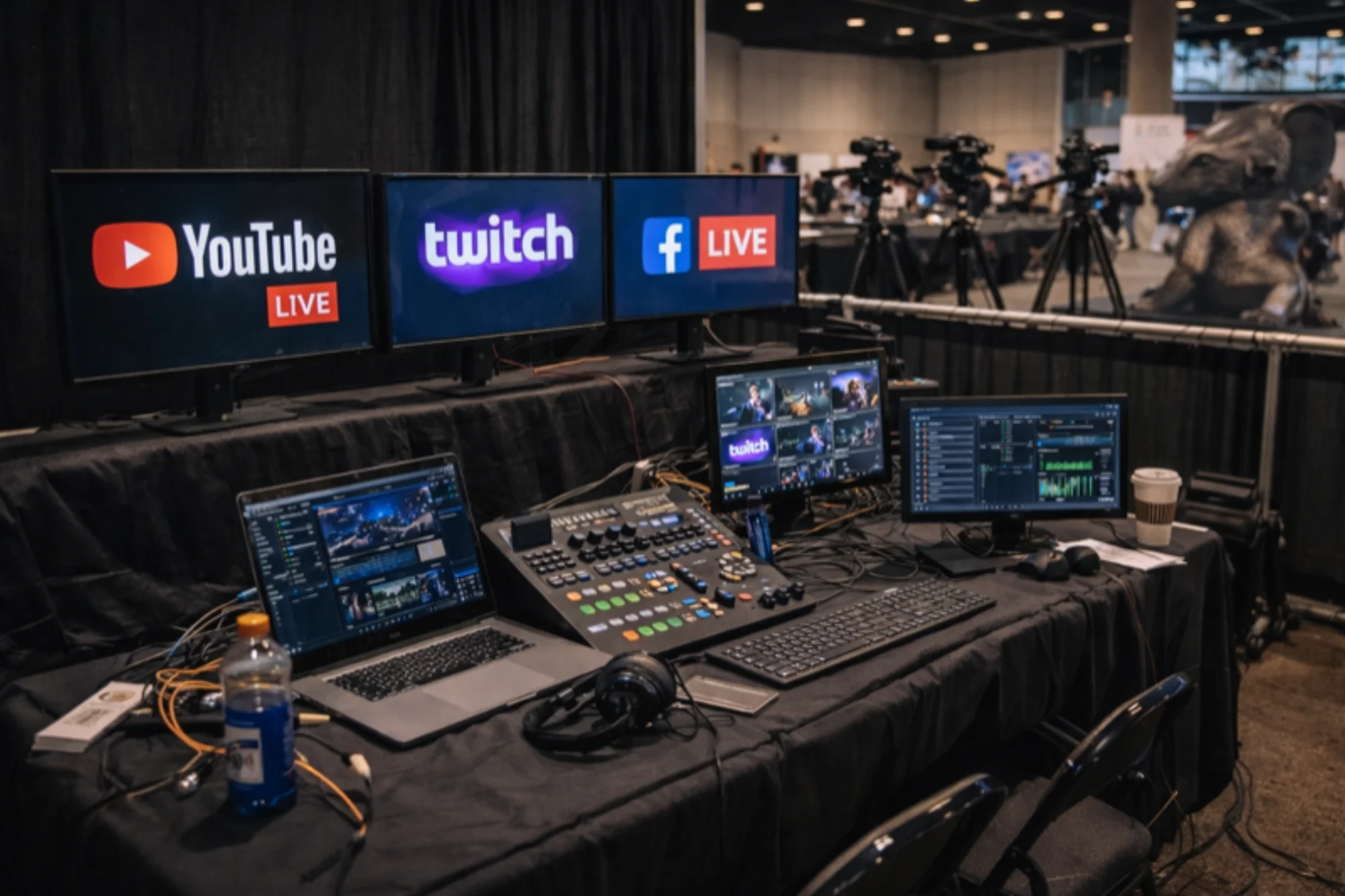 Multiplatform simulcast control desk with YouTube, Twitch, and Facebook Live monitors