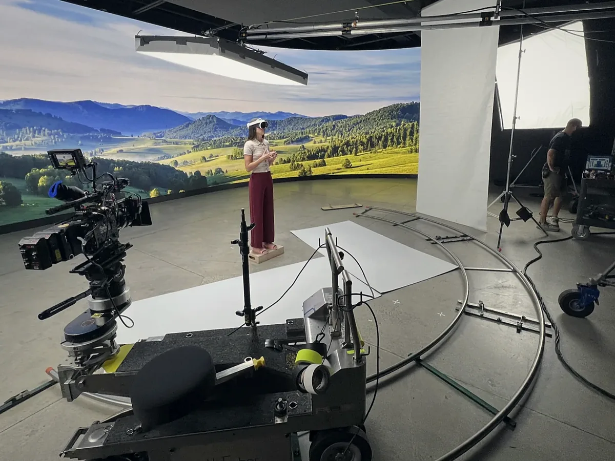 Element 7 crew filming talent on a virtual production stage