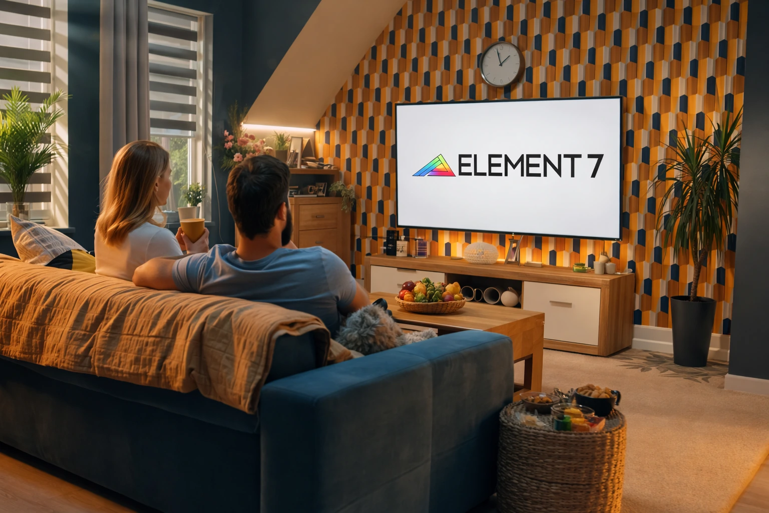 Family watching a finished commercial video on TV