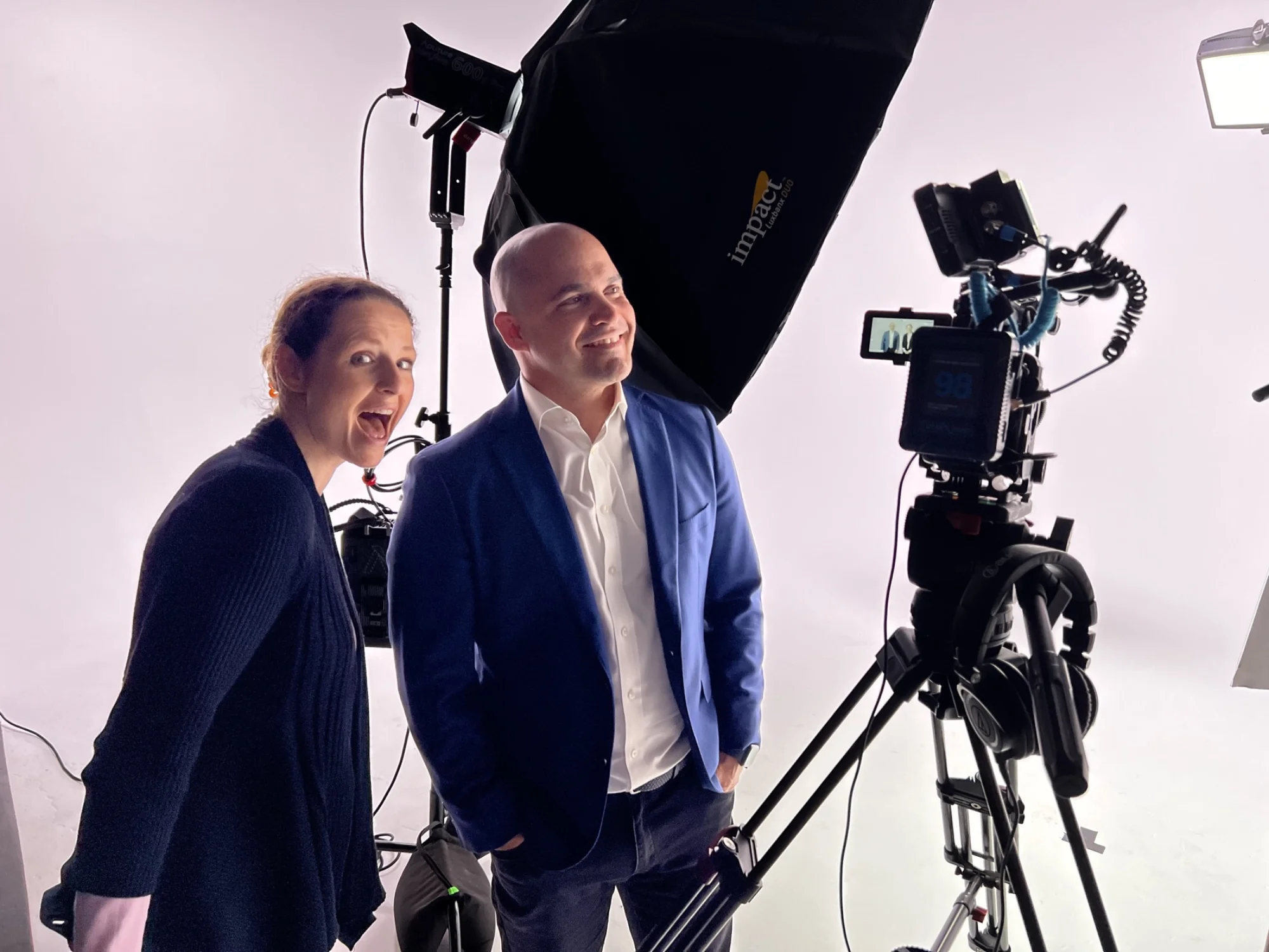 Behind-the-scenes white cyc interview setup